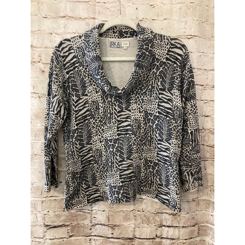 IRKA by SSG Shirt Womens Large Silk Grey Animal Print Patchwork Cowl Neck